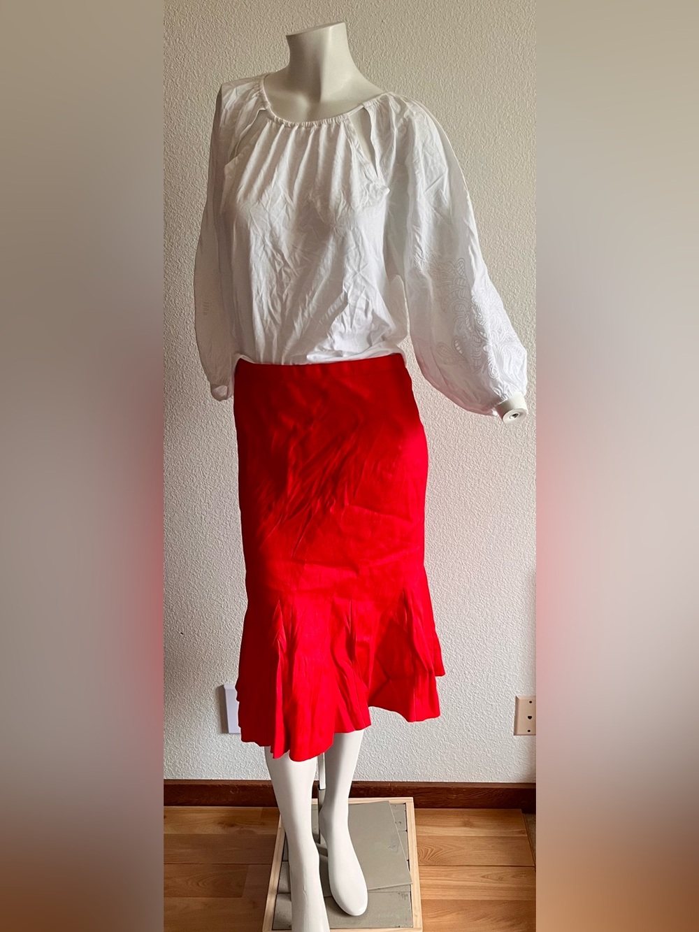 J.Crew Red Linen Blend Godet Flounce Midi Skirt Size 4 Holiday Party